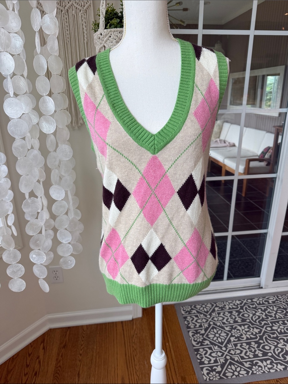 Lilly Pulitzer Cotton Angora Plaid Argyle V-Neck Sweater Vest in Pink, Green